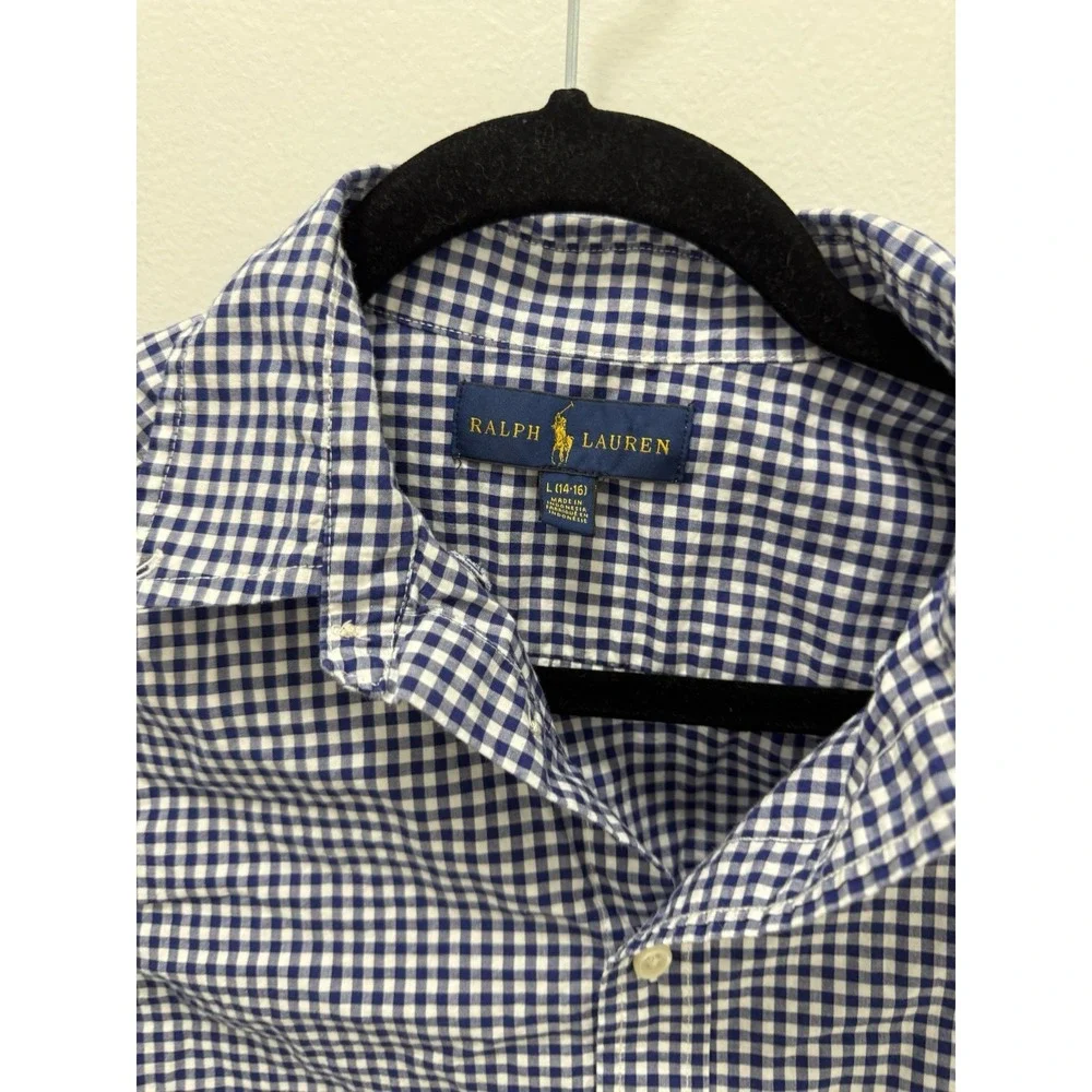 Ralph Lauren Boys Blue White Gingham Button Front Shirt Cotton Size Large 14-16